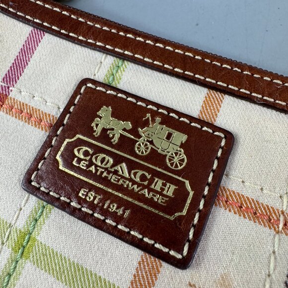 Coach Tattersall Wristlet 40990 Plaid Metallic handle Metal tag charm cream - Picture 5 of 15